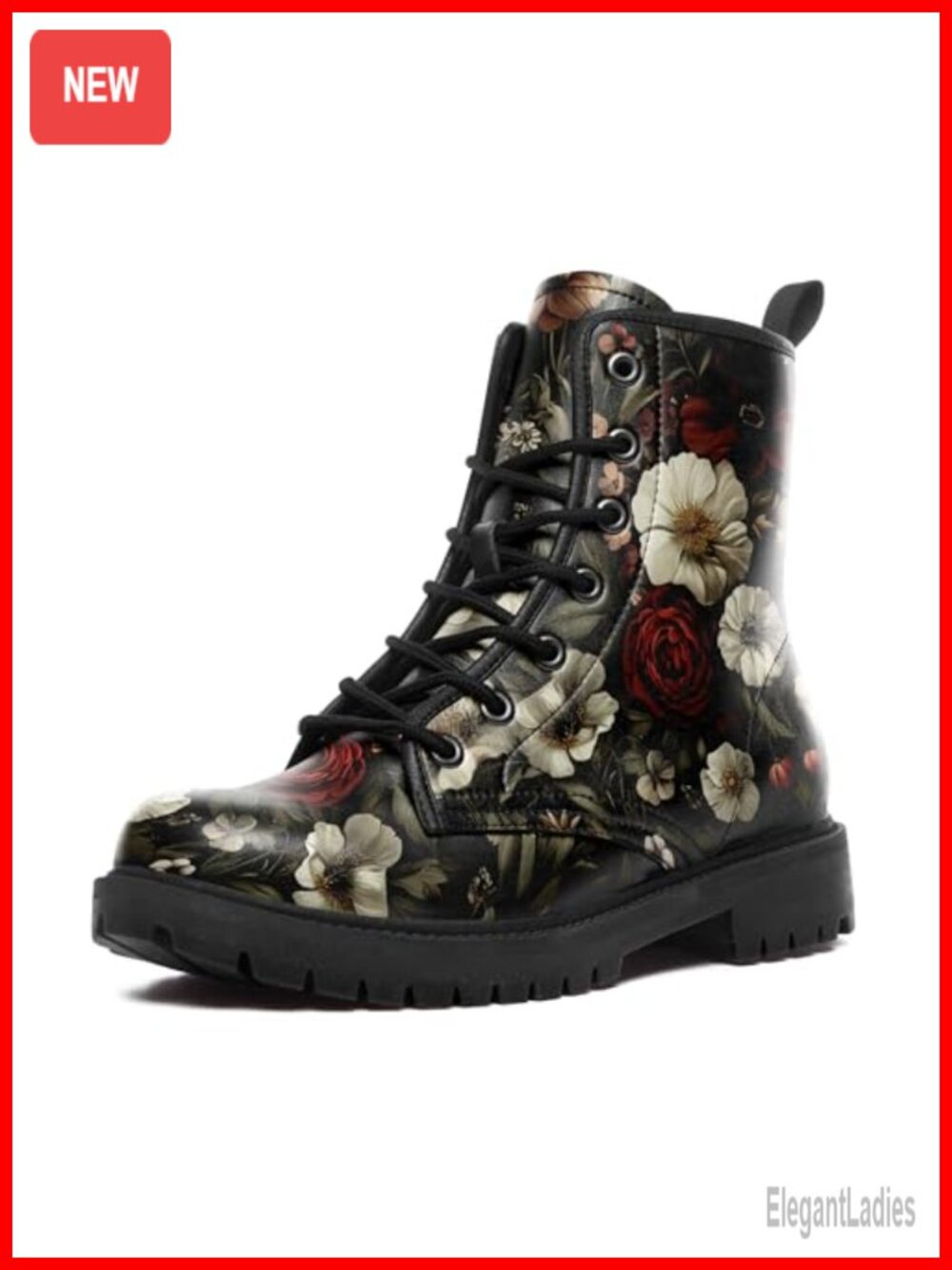 Women Retro Floral Combat Boots Platform Ankle Booties